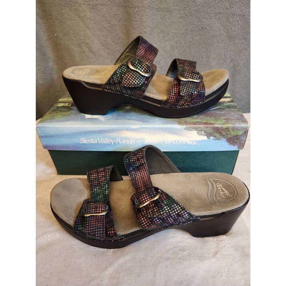 Dansko Sophie sandals size 38 (7-7.5) featuring a black multi-colored stained gl